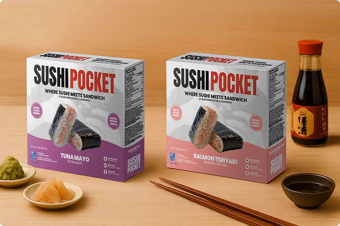 Sushi Pocket packaging and ingredients on a wood backdrop